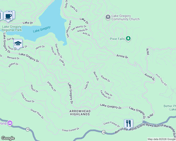map of restaurants, bars, coffee shops, grocery stores, and more near 962 Balfrin Drive in Crestline