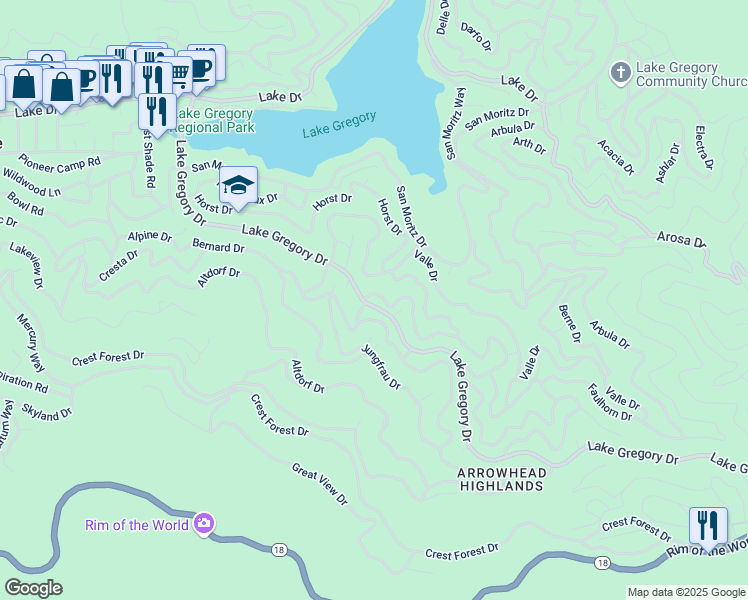 map of restaurants, bars, coffee shops, grocery stores, and more near 24493 Geneva Drive in Crestline