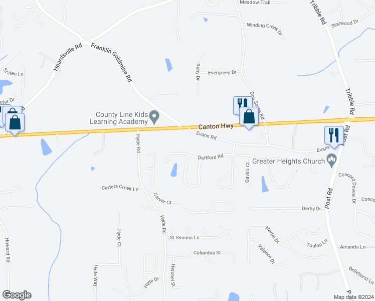 map of restaurants, bars, coffee shops, grocery stores, and more near 4450 Dartford Road in Cumming