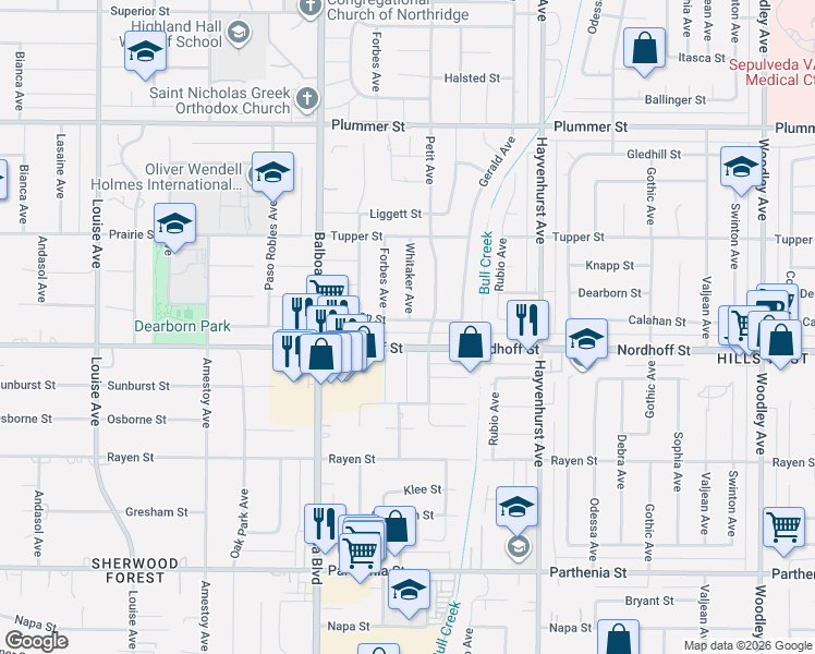 map of restaurants, bars, coffee shops, grocery stores, and more near 16801 Nordhoff Street in Los Angeles