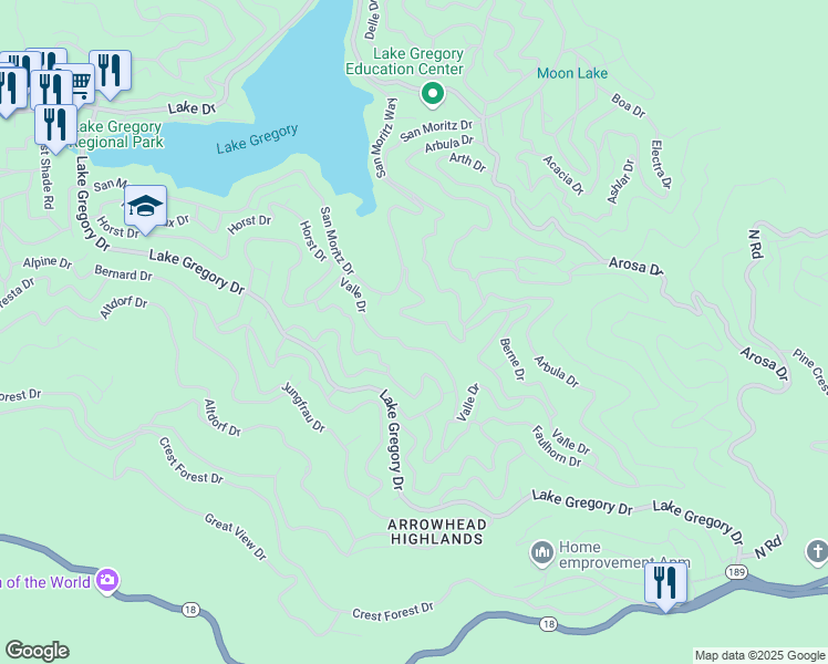 map of restaurants, bars, coffee shops, grocery stores, and more near 24761 Basel Drive in Crestline
