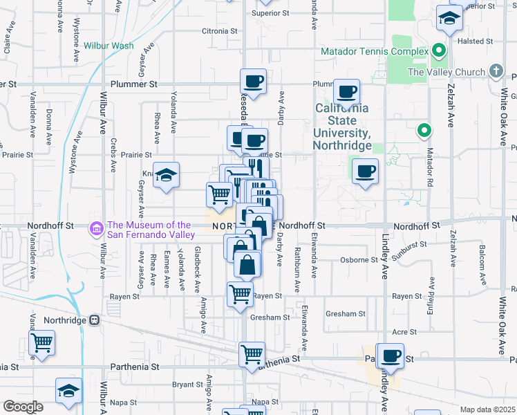 map of restaurants, bars, coffee shops, grocery stores, and more near 18417 Nordhoff Street in Los Angeles