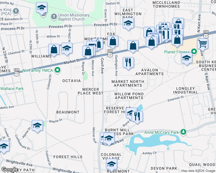 map of restaurants, bars, coffee shops, grocery stores, and more near 343 Broad Street in Wilmington