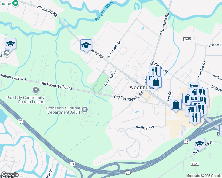 map of restaurants, bars, coffee shops, grocery stores, and more near 109 Lossen Lane in Leland