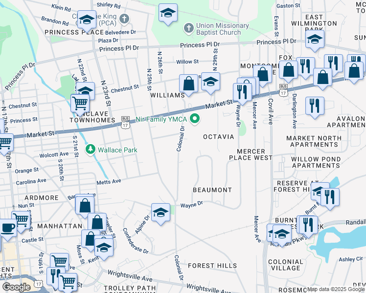 map of restaurants, bars, coffee shops, grocery stores, and more near 119 Colonial Drive in Wilmington