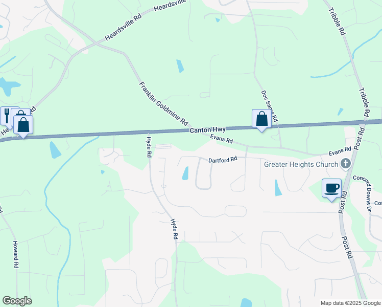 map of restaurants, bars, coffee shops, grocery stores, and more near 4480 Dartford Road in Cumming