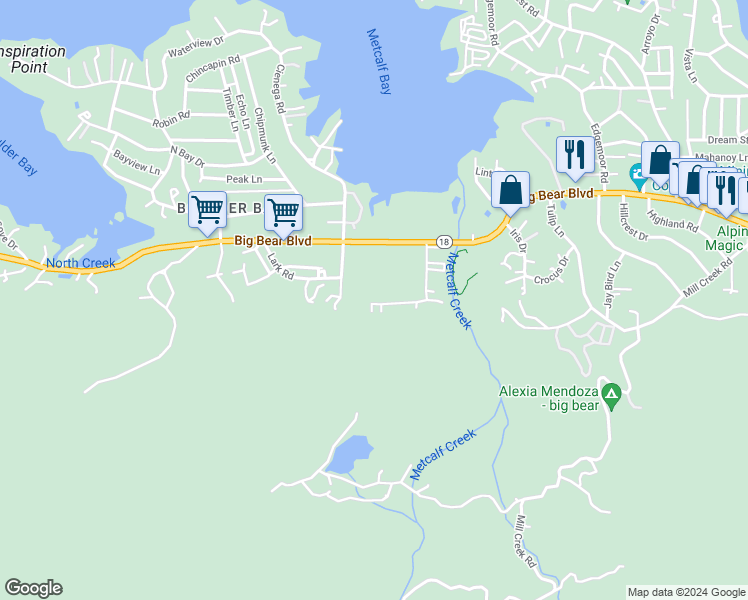 map of restaurants, bars, coffee shops, grocery stores, and more near 39530 Lakeview Pines Road in Big Bear Lake