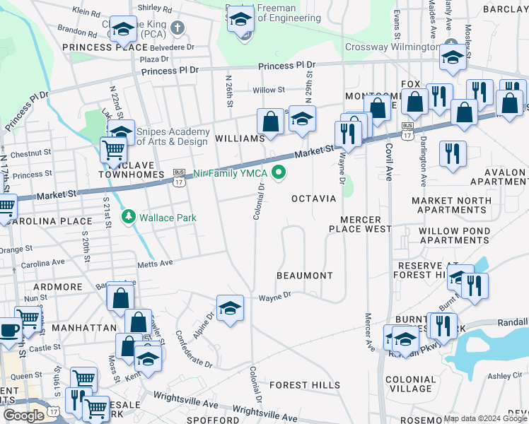 map of restaurants, bars, coffee shops, grocery stores, and more near 119 Colonial Drive in Wilmington