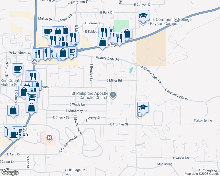 map of restaurants, bars, coffee shops, grocery stores, and more near 41 South Saint Phillips Street in Payson