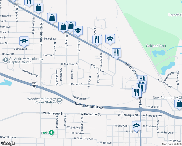 map of restaurants, bars, coffee shops, grocery stores, and more near 15 Shirley Street in Pine Bluff