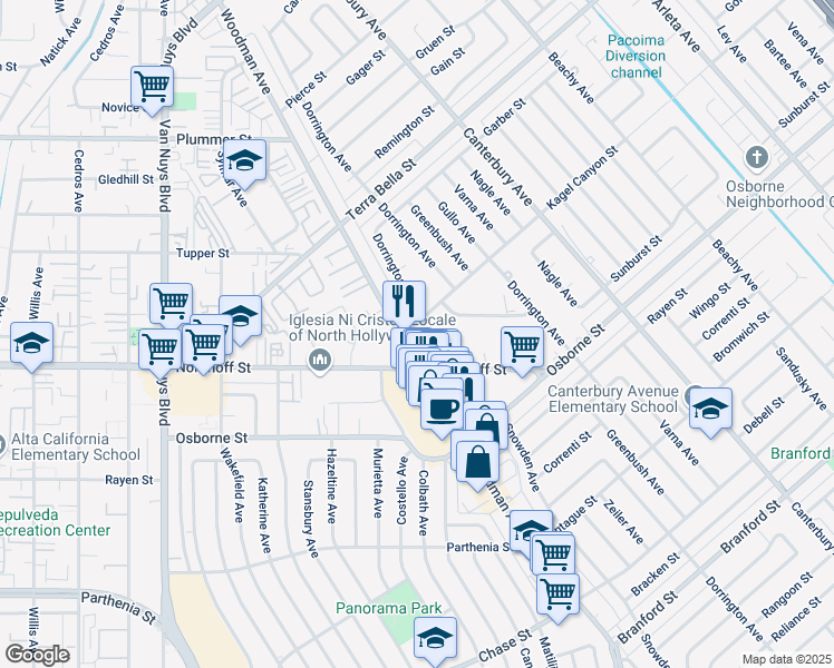 map of restaurants, bars, coffee shops, grocery stores, and more near 9116 Woodman Avenue in Los Angeles