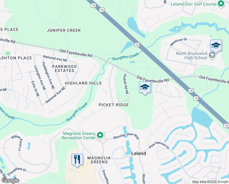 map of restaurants, bars, coffee shops, grocery stores, and more near 852 Ricefield Branch Street Northeast in Leland