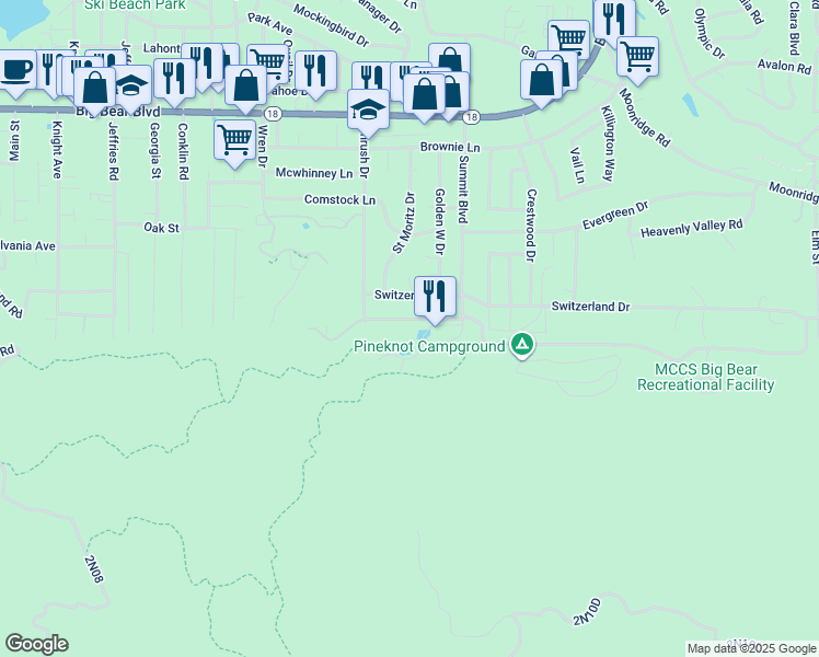 map of restaurants, bars, coffee shops, grocery stores, and more near 861 Thrush Drive in Big Bear Lake