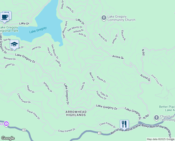 map of restaurants, bars, coffee shops, grocery stores, and more near 938 Balfrin Drive in Crestline