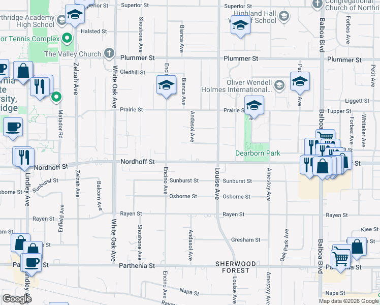 map of restaurants, bars, coffee shops, grocery stores, and more near 17409 Nordhoff Street in Los Angeles