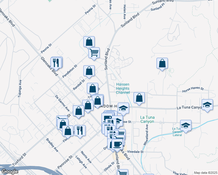 map of restaurants, bars, coffee shops, grocery stores, and more near 9224 Sunland Boulevard in Los Angeles
