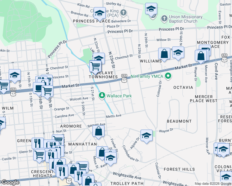 map of restaurants, bars, coffee shops, grocery stores, and more near 108-110 Borden Avenue in Wilmington