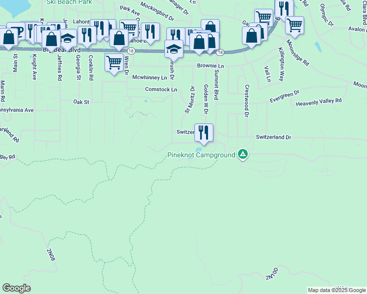 map of restaurants, bars, coffee shops, grocery stores, and more near 861 Thrush Drive in Big Bear Lake