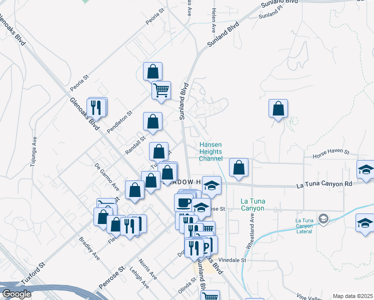 map of restaurants, bars, coffee shops, grocery stores, and more near 9116 Sunland Boulevard in Los Angeles