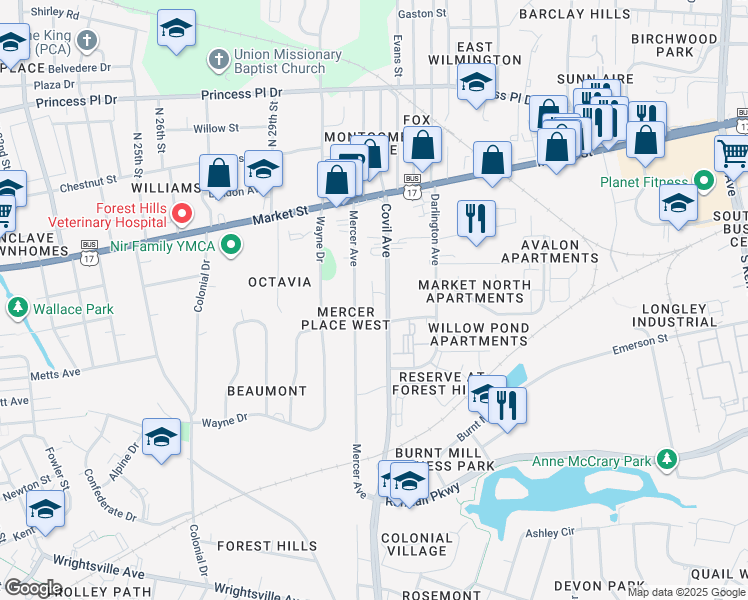 map of restaurants, bars, coffee shops, grocery stores, and more near 201 Mercer Avenue in Wilmington
