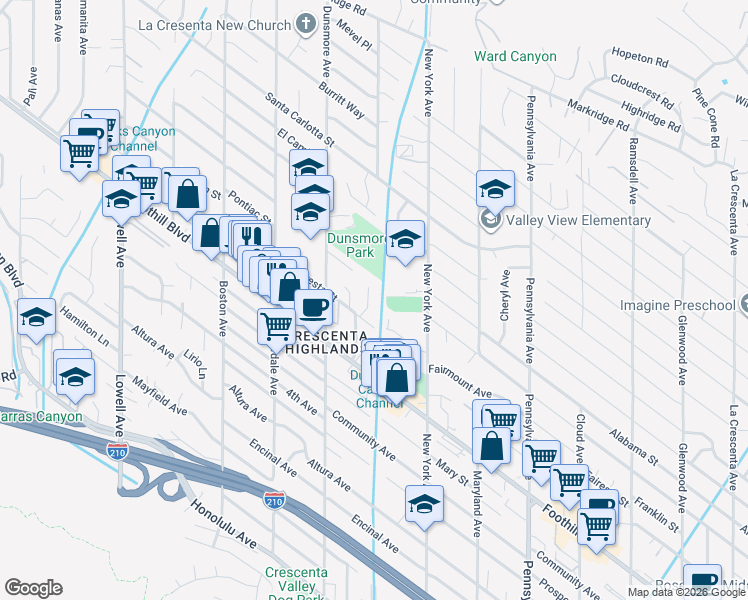 map of restaurants, bars, coffee shops, grocery stores, and more near 4620 Willalee Avenue in Glendale