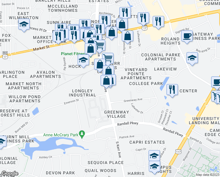 map of restaurants, bars, coffee shops, grocery stores, and more near 251 South Kerr Avenue in Wilmington