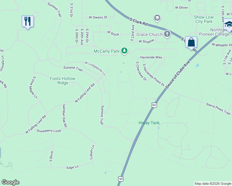 map of restaurants, bars, coffee shops, grocery stores, and more near 1461 South Spruce Lane in Show Low