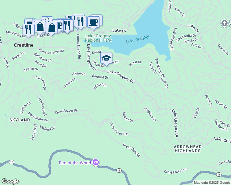 map of restaurants, bars, coffee shops, grocery stores, and more near 24310 Altdorf Drive in Crestline