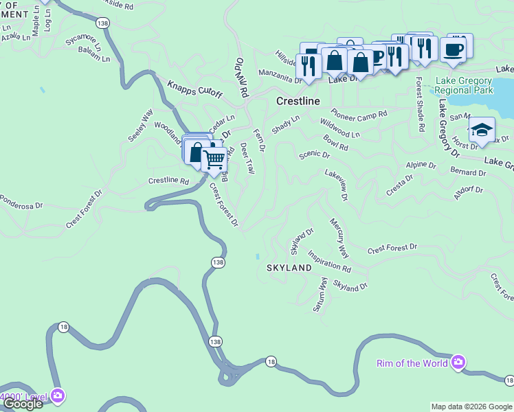 map of restaurants, bars, coffee shops, grocery stores, and more near 925 Fern Drive in Crestline