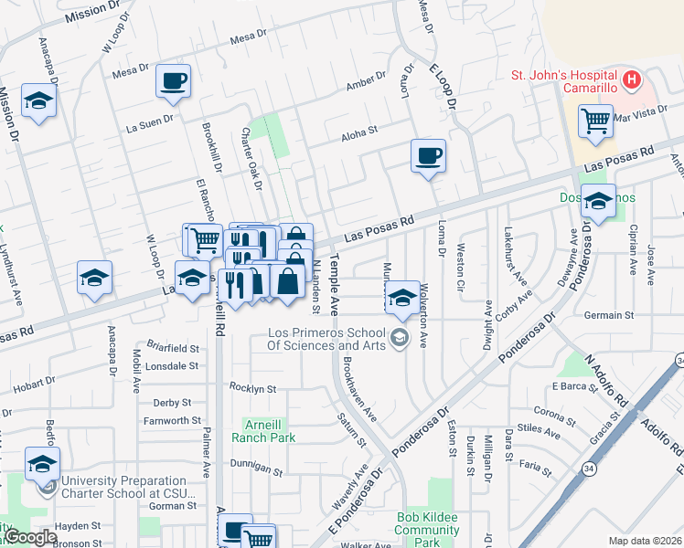 map of restaurants, bars, coffee shops, grocery stores, and more near 1783 Temple Avenue in Camarillo