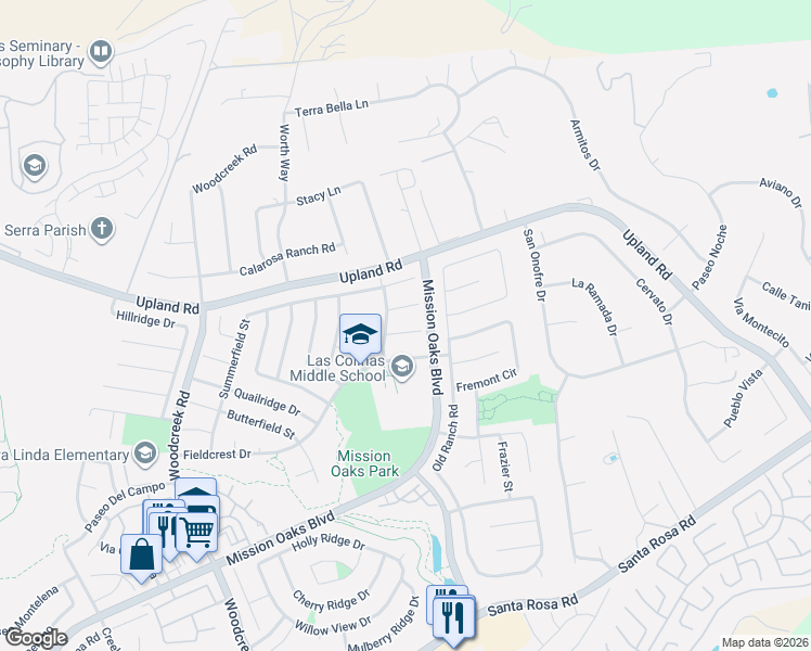 map of restaurants, bars, coffee shops, grocery stores, and more near 5842 Firebird Court in Camarillo