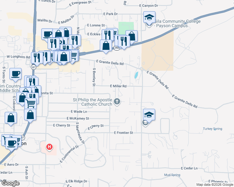 map of restaurants, bars, coffee shops, grocery stores, and more near 41 South Saint Phillips Street in Payson