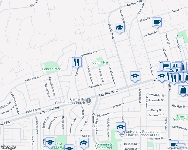 map of restaurants, bars, coffee shops, grocery stores, and more near 253 Reddington Court in Camarillo