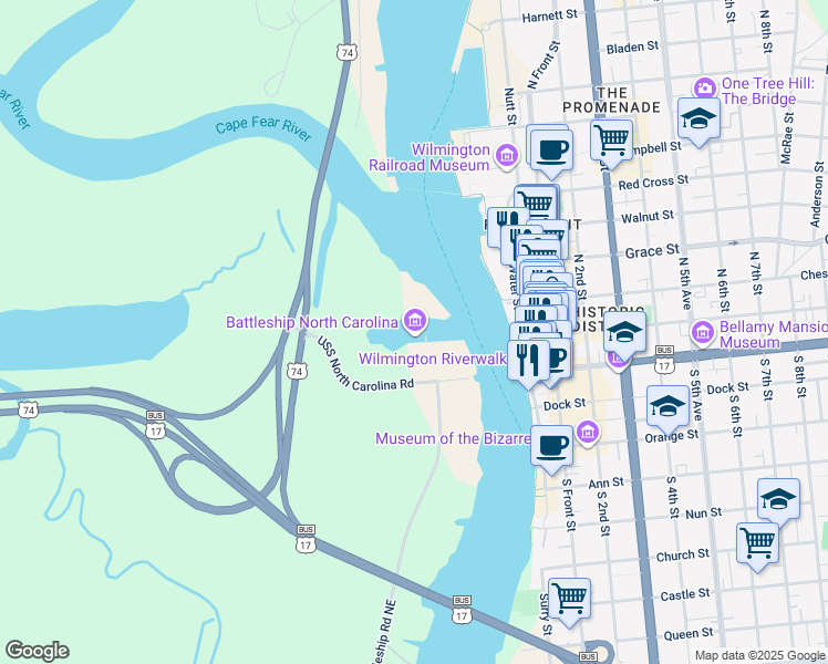 map of restaurants, bars, coffee shops, grocery stores, and more near 1 Battleship Road Northeast in Wilmington