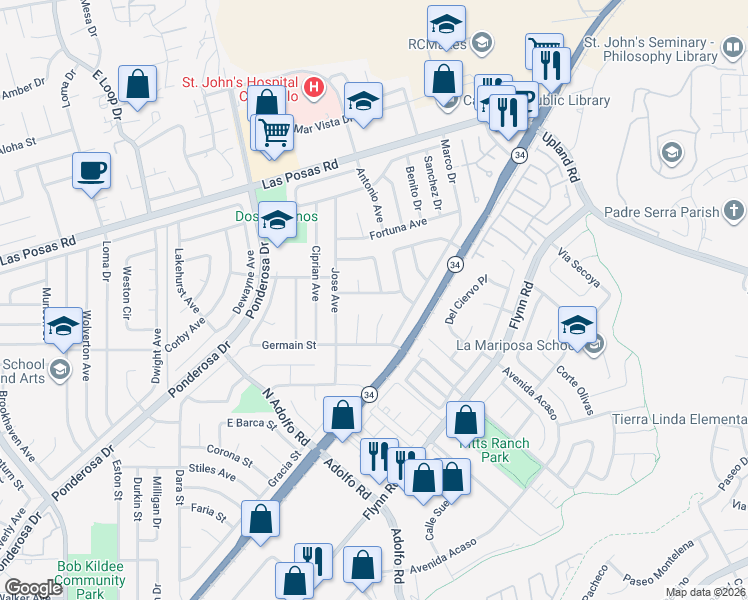 map of restaurants, bars, coffee shops, grocery stores, and more near 1776 Hedon Circle in Camarillo
