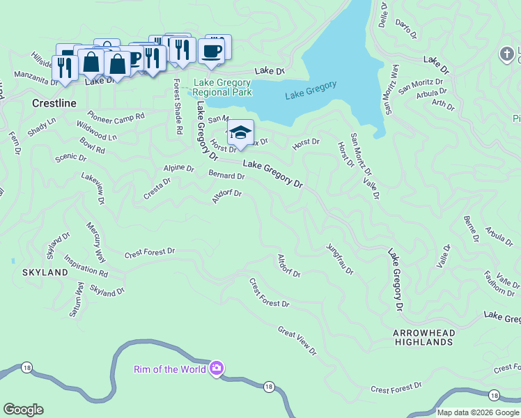 map of restaurants, bars, coffee shops, grocery stores, and more near 24310 Altdorf Drive in Crestline
