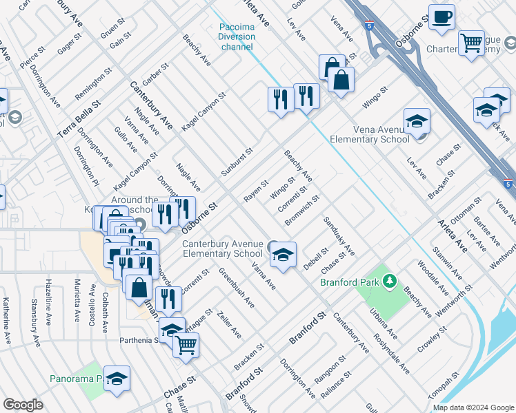 map of restaurants, bars, coffee shops, grocery stores, and more near 9161 Roslyndale Avenue in Los Angeles