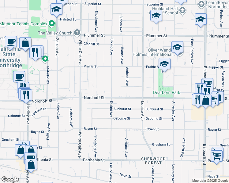 map of restaurants, bars, coffee shops, grocery stores, and more near 9120 Encino Avenue in Los Angeles