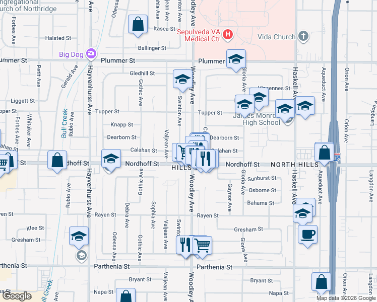 map of restaurants, bars, coffee shops, grocery stores, and more near 9127 Woodley Avenue in Los Angeles