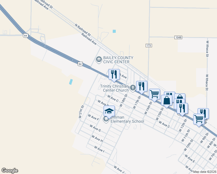 map of restaurants, bars, coffee shops, grocery stores, and more near 201 West 20th Street in Muleshoe