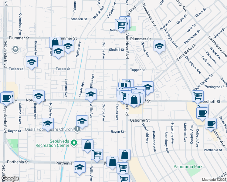 map of restaurants, bars, coffee shops, grocery stores, and more near 9141 Tobias Avenue in Los Angeles