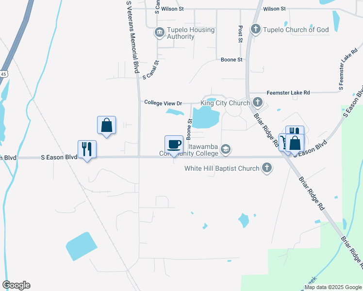 map of restaurants, bars, coffee shops, grocery stores, and more near 2434 South Eason Boulevard in Tupelo