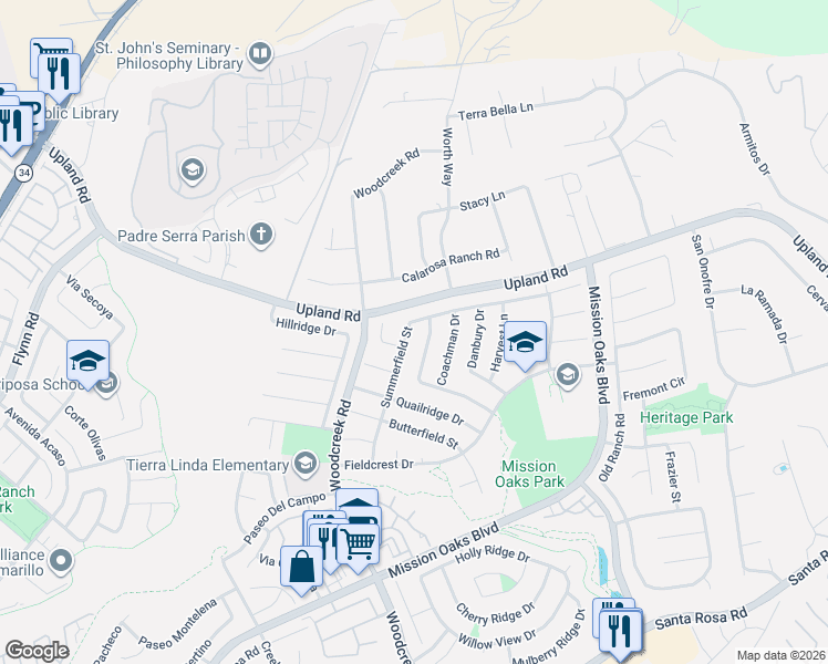map of restaurants, bars, coffee shops, grocery stores, and more near 1768 Summerfield Street in Camarillo
