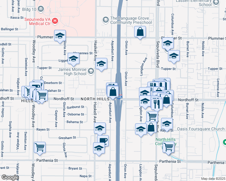 map of restaurants, bars, coffee shops, grocery stores, and more near 15705 Nordhoff Street in Los Angeles