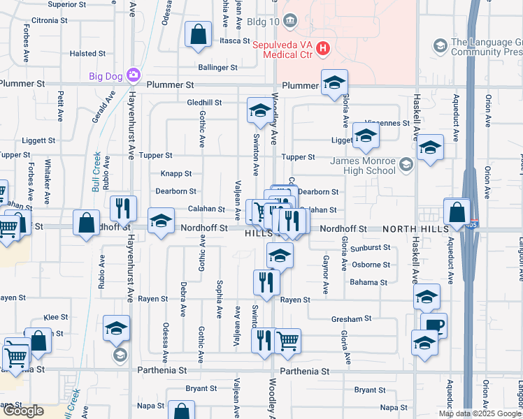 map of restaurants, bars, coffee shops, grocery stores, and more near 16237 Nordhoff Street in Los Angeles