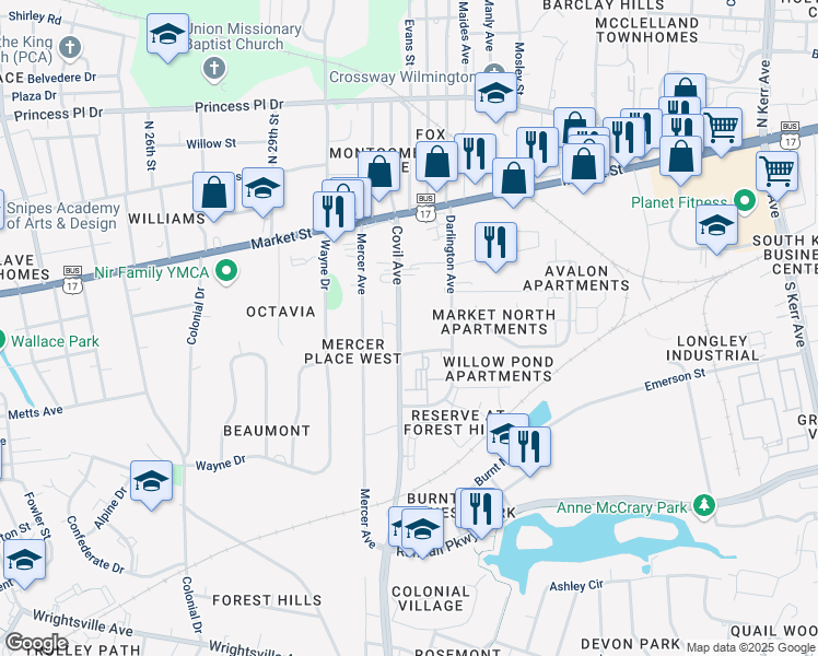 map of restaurants, bars, coffee shops, grocery stores, and more near 343 Broad Street in Wilmington