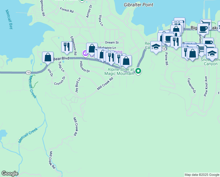 map of restaurants, bars, coffee shops, grocery stores, and more near 40197 Beverly Lane in Big Bear Lake