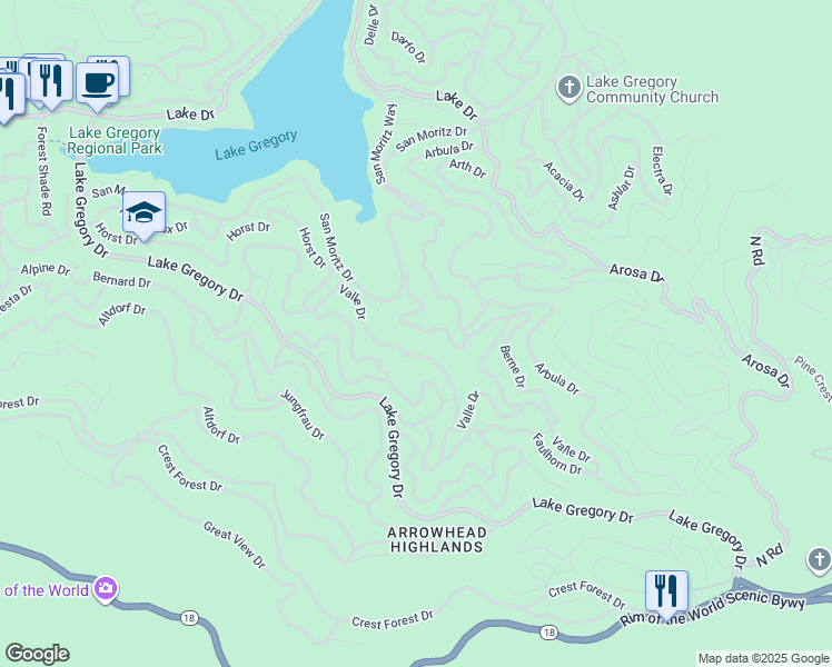 map of restaurants, bars, coffee shops, grocery stores, and more near 24761 Basel Drive in Crestline