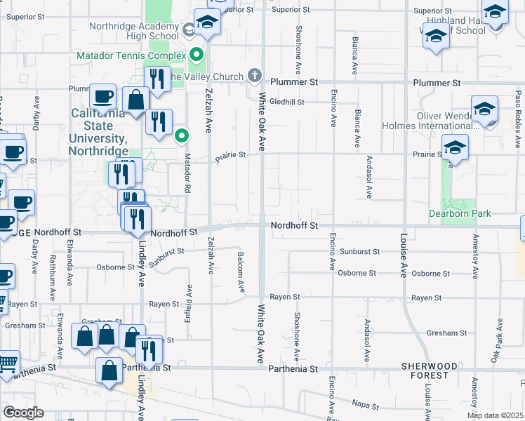 map of restaurants, bars, coffee shops, grocery stores, and more near 17645 Nordhoff Street in Los Angeles