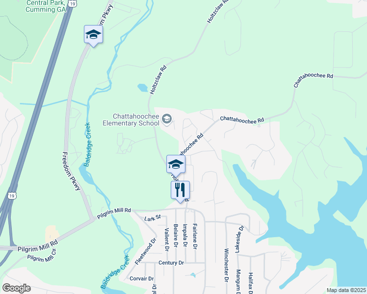 map of restaurants, bars, coffee shops, grocery stores, and more near 2865 Chattahoochee Road in Cumming